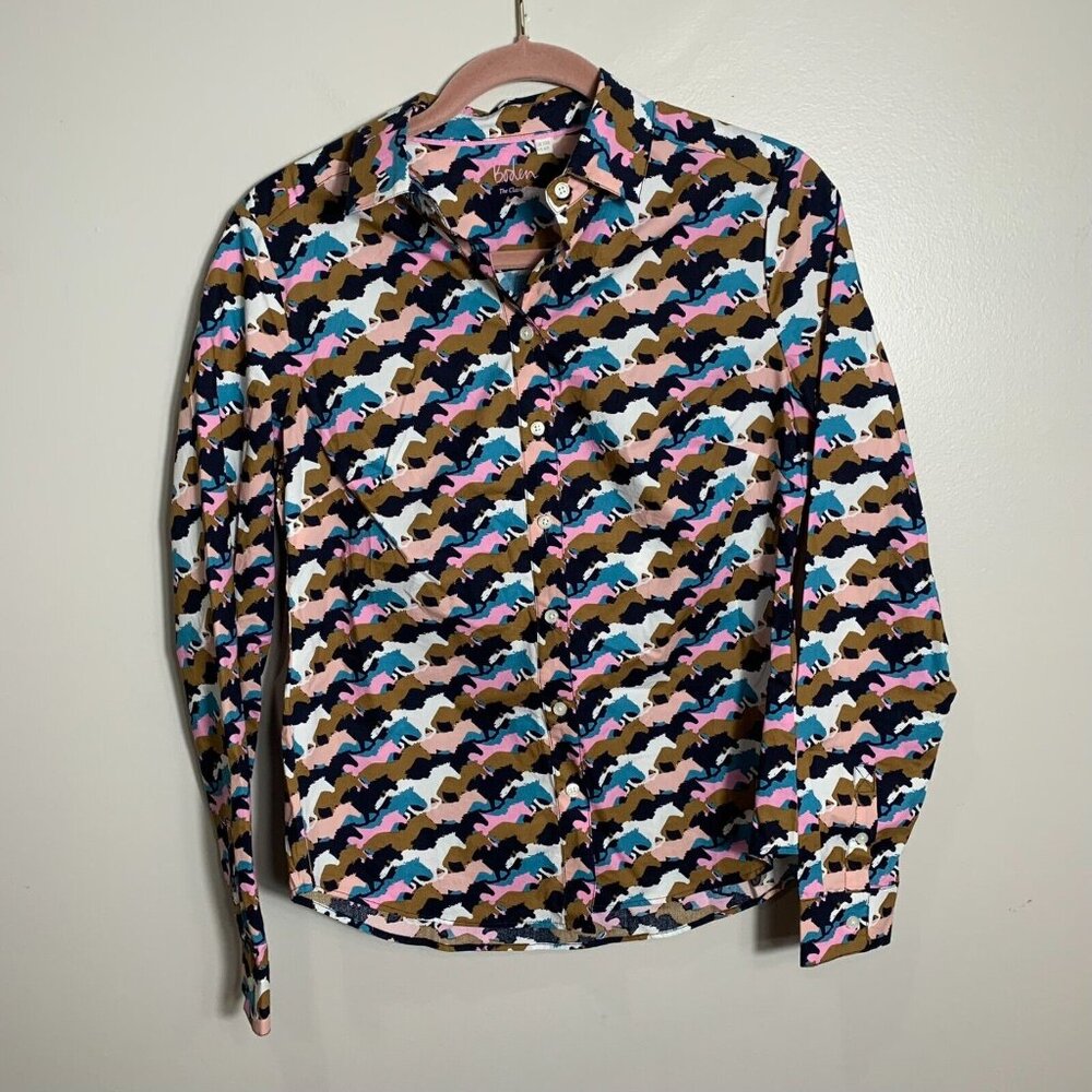 Boden Multicolor Patterned Button-Down Shirt — Brown, Pink, Blue, Black, White